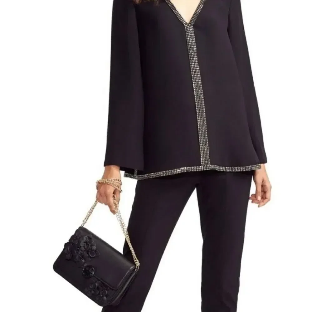 Tory Burch Mallet Embellished Studded Silk V Neck Tunic Blouse Top Black 6